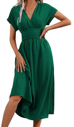 LIAMERHE Women's Summer Maxi Dress V-Neck Wrap Short Sleeve Sundress Ladies Casual Elegant Spring Plain Boho Dresses Beachdress with Batwing Sleeve Green XL