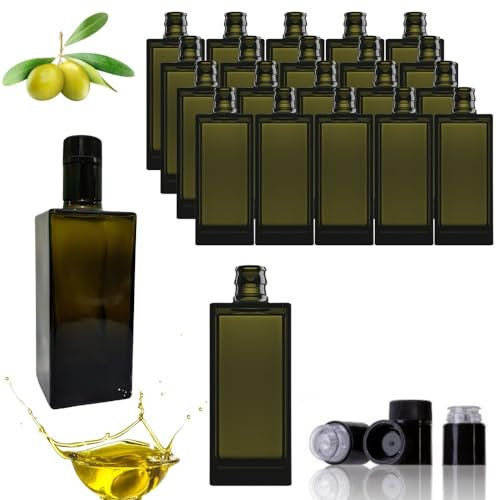 RagStore Set 20 Bottiglie Quadrate in Vetro verde Giulia 500 ml con Tappo Anti-Frode Nero – Ideali per Olio Extravergine di Oliva, Design Elegante e Professionale