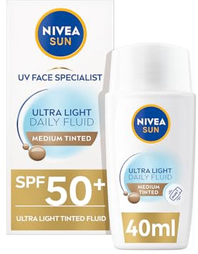 NIVEA SUN - Fluide Teinté UV Quotidien FPS 50+ - Protection Solaire Visage - Hydrate & Unifie Le Teint - Acide Hyaluronique - Formule Ultra-Légère - Tous Types De Peaux - Teinte : Medium - 40 ml