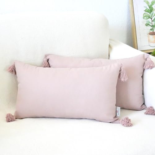 Viste tu hogar Pack 2 Funda de Cojín 100% Algodón con Borlas, Cremallera Oculta, Tejido Suave y Transpirable, Estilo Bohemio Chic para Salón, Dormitorio o Terraza, Rosa, 30X50CM