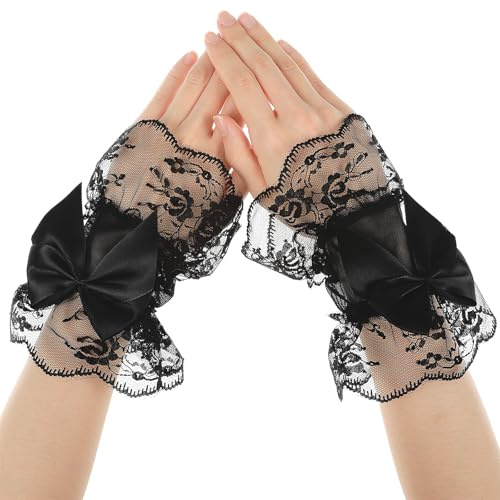 Telooco Spitze Fingerlose Handschuhe Damen Kurz Halloween Handschuhe Vintage Braut Hochzeit Spitzenhandschuhe mit Schleifen für Teeparty Halloween Abendessen Beerdigung (Schwarz, Weiß)