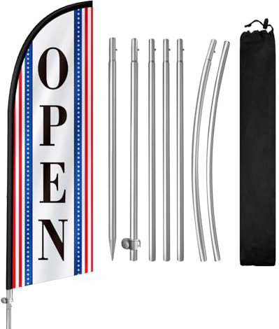 QSUM Drapeau à plumes ouvertes avec mât en acier inoxydable, drapeau publicitaire à piquet, convient pour les entreprises et les vitrines, 2,4 m, 1 lot (blanc/noir)