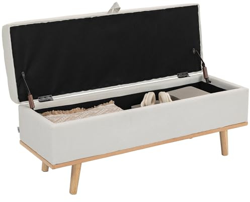 HOMCOM 80L gepolsterte Ottomane mit Stoffbezug, Aufbewahrungsbank Fußbank mit Holzbeinen, für Wohnzimmer, Schlafzimmer und Eingang, 118x42x45 cm, Creme