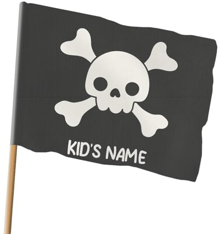 Bandera Infantil Personalizada con Nombre Calavera Pirata | Diseños Divertidos para Niños y Niñas | Tamaños Pequeño o Grande | 2 Opciones de Montaje | Ideal para Jardín, Torre de Juegos [164]