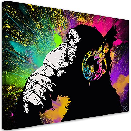 Feeby Bilder 100x70 cm Banksy DJ Affe Tier 1 tlg Modern Vlies Wandbilder Leinwandbilder Bild auf Leinwand Kunstdruck Wand Wanddeko Design Babyzimmer Kinderzimmer Wohnzimmer Music wie gemalt bunt