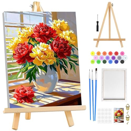 Kit de peinture par numéros de fleurs pour adultes débutants encadré avec chevalet en bois, kit de peinture par numéros sur toile, fenêtre à faire soi-même, peinture à l'huile acrylique par numéros