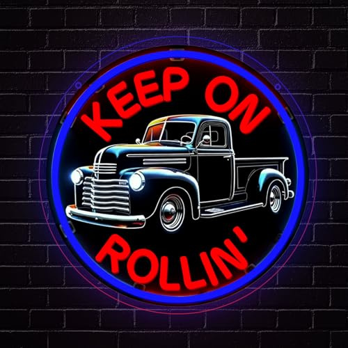 RuCvixkt Keep On Rollin' Neon Schild, Retro Auto LED Neonlicht, Wanddekoration für Garage, Männerhöhle, Bar, Pub, Spielzimmer Schlafzimmer, Geschenk für Autoliebhaber zu Geburtstag Weihnachten