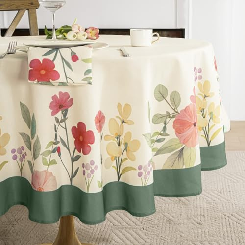 FIBORIA große runde Tischdecke 180 cm in Leinenoptik Frühling Tischdecken mit Blumen Abwaschbar & wasserabweisend, abwischbare Tischtuch Outdoor Table Cloth für Ostern,Garten,Camping,Festliche