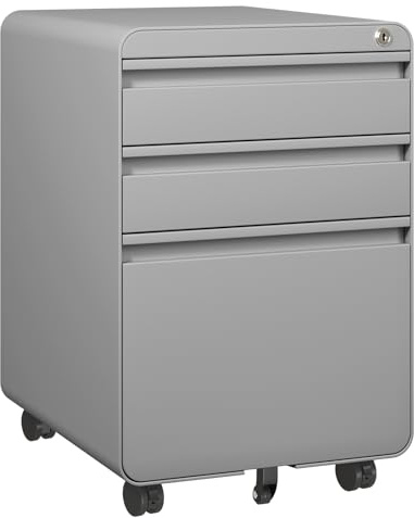 Dripex Metall Rollcontainer Stahl Rollcontainer mit 3 Schubladen oder 2 Schubladen, Abschließbarer Büroschrank, Bürocontainer mit 5 Räder (Grau, 40 x 45 x 60 cm)