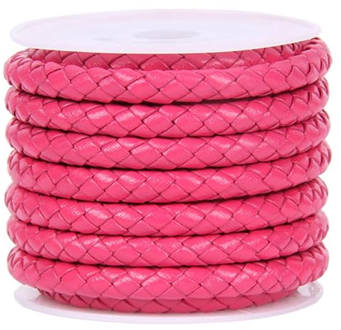 Cordon en Cuir Tressé Cordon Rond en Cuir véritable tressé coloré de 2 mètres 3/4/5/6 mm for Fabrication Bracelets, Colliers et(Rose Red,6mm)