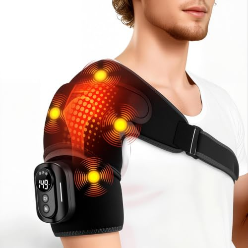 Schulter Massagegerät mit 5 Heiz-& Vibrationsstufen, 5000mAh Akku, kabellos | Magnetische Fernbedienung, 113-149°F Heizbereich, 3 Timer (20/35/45 Min), atmungsaktiver Stoff, für Rotatorenmanschette