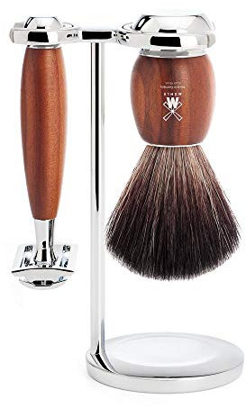 MÜHLE Vivo Rasierset - Black Fibre-Rasierpinsel, Rasierhobel, Ständer - Griffe aus Pflaumenholz und Metallakzenten - vegan