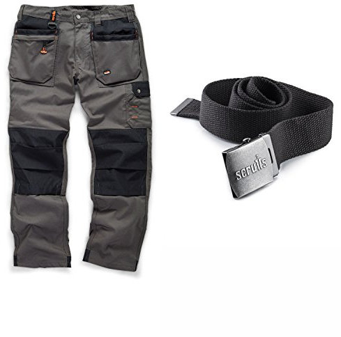 Scruffs Men's Worker Plus Trousers Graphite Grey and Clip Belt Work Utility Pants, 32