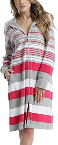 Aquarti Vestaglia da Donna con Cerniera e Cappuccio a Righe, Rosa, S