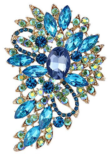 EVER FAITH Broche Forme Fleur avec Goutte d'eau Style Délicat Fastueux Accessoire de Vêtement Cristal Strass Bijou Cadeau Ton d'or Bleu