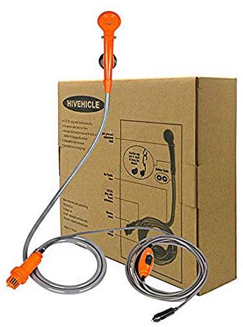 HiVehicle Portable Shower Outdoor Camping Shower - Car Shower Set,12V Pump and Build-in Water Filtration Unit/Plug into Cigarette Adapter for Car Washing,Baby showering, Hiking,Beach,Dog,Flowering
