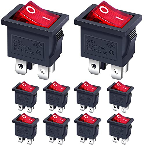 Taiss / 10 Stücke Kippschalter AC 250V / 6A, 125V / 10A Rote licht beleuchtet EIN/AUS DPST 4 Pin 2 Position Mini Wippschalter Für Autos und Boote KCD1-4-201N-R