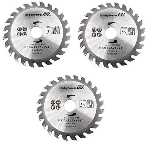 3 Stück HM Sägeblatt Kreissägeblatt Ø 115mm / 125mm 22,23mm / 20mm / 24T 40T Zähne für Holz Plastik (3x 125x22,23 / 24Z)