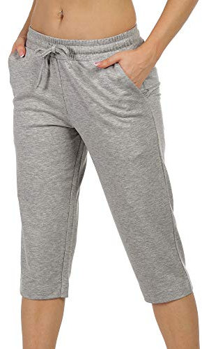 icyzone Damen Jogginghose 3/4 Sporthose Trainingshose Straight Bein Freizeit Hose mit Tasche (M, Grau)