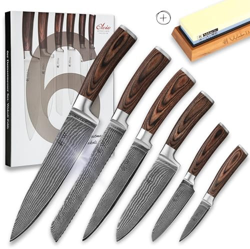 Wakoli EDIB 6-teiliges Damast Küchenmesserset mit Schleifstein – Kochmesser & Küchenmesser aus 67 Lagen Damaststahl (VG10-Kern), 8–20 cm Klingen, Pakkaholzgriff, Geschenkbox, Profi Messer Set