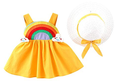 Julhold Babykleidung Set Baby Mädchen Kleidung Outfit 2-teiliges Ärmelloses Kleid Mit Regenbogenmuster Für Kinder + Hut Sommer Bekleidung Set Ostern Outfit Größe 80-100(Gelb,110)