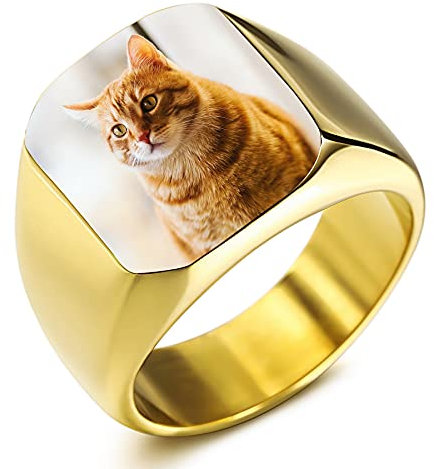 MeMeDIY Personalisierter Siegelring Benutzerdefinierte Gravur Farbfoto für Männer Frauen Junge Mädchen Bester Freund Edelstahlband Jubiläumsgeschenk mit Ringgrößeneinstellern (Schwarz Farbe größe 67)