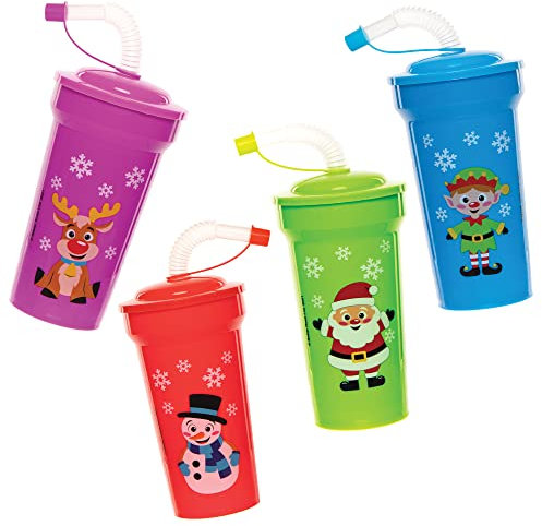 Baker Ross FC253 Christmas Bendy Straw Cups - Pack of 4, Colour in Projects for Arts and Crafts Activities for Kids, for Kids to Decorate and Use for Drinking