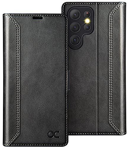 OCASE Retro Hülle für Samsung Galaxy S22 Ultra Handyhülle Tasche PU Leder Brieftasche Etui RFID Schutzhülle Lederhülle Klapphülle Kompatibel für Galaxy S22 Ultra Retro Schwarz 6,8 Zoll