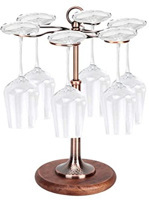 6 Hook Wine Glass Rack Holder, Retro Style Tabletop Wine Glass Display Holder Hanging Shelf Organizer Kitchen Cutlery Storage Rack for Home Bar Restaurant Display Stand(Bronze)