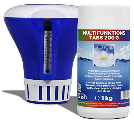 Dosierschwimmer mit Thermometer + 1kg Seerose Multifunktions Tabs 200g, langsam löslich, Chlor, Algenschutz, PH-Stabilisator und Flockungsmittel