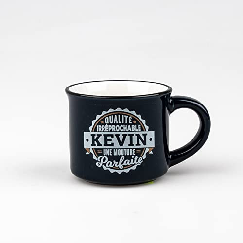 Kontiki - Espresso-Tasse aus personalisiertem Steingut 'Kevin...' mit Untertasse, Marineblau, Zylindrisch, 4,5 cm hoch, 5,5 cm Durchmesser, Klassiker, Zuhause, Dauerhaft, Opak, Wiederverwendbar