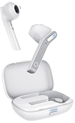 KeyOuest - Écouteurs sans Fil MI5-3H de Musique, 3H d’Appel - avec Câble de Chargement Micro USB + 2 Embouts Silicone Amovibles - Bluetooth 5.0, 98dB - Blanc