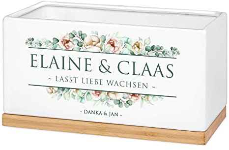 Maverton Keramik Blumentopf mit Untersetzer - Pflanzkübel mit Aufdruck - Übertopf rechteckig - Dekotopf für Paare - zur Hochzeit - zum Hochzeitstag - personalisiert - Weiß - Ranunkeln
