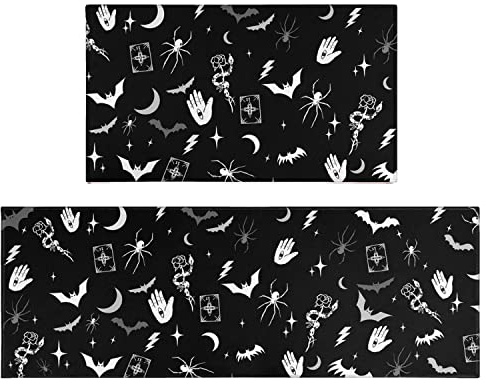 Gothic-Küchenteppich, 2er-Set, Gothic-Teppich, Hexenteppich, schwarze Halloween-gruselige Küchenmatte, Läuferteppich, Teppich, Gothic-Küchendekor-Zubehör, groß, 43.2x76.2 cm und 43 cm