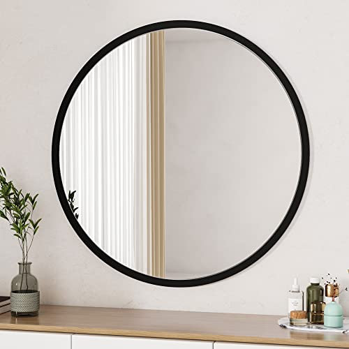 Boromal Spiegel Schwarz 50cm Rund Metallrahmen Badspiegel Schwarz Rund Badezimmerspiegel Wandspiegel Morden Dekorative Rund Spiegel für Badezimmer, Waschräume, Schlafzimmer, ohne LED