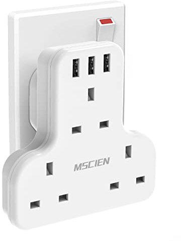 Mscien 3 Way Plug Extension with USB, Multi Plug Extension Sockets with 3 USB