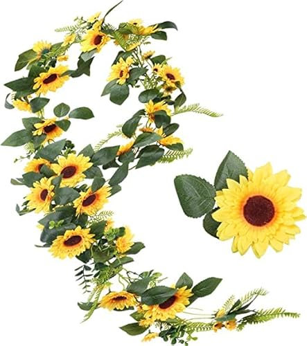 SLFYEE Künstliche Hängepflanzen Sonnenblumen Hängend Girlande Kunstblumen Sonnenblumen Deko Hängend Reben für Fahrrad Hochzeit Party Garten Balkon Deko 1.9M