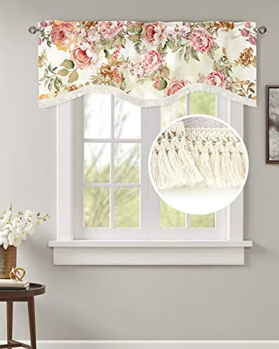 Frühlingsblumen-Volant, Pfingstrosen, Blumenvorhang, Volant, Stangentasche, Küche, Fenster, Volant mit Quaste, Aquarell-Blatt-Vorhänge für Wohnzimmer, Ölgemälde, abstrakter Fenstervolant, 137x45 cm