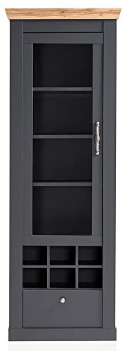 Lomadox Hochschrank Vitrine Landhaus in anthrazit in Wotan Eiche Nb., B/H/T ca. 72/201/38 cm