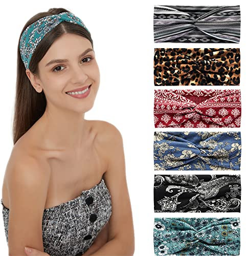 6Stück Bandana Stirnbänder für Frauen breite wellige Kopftuch Boho Kopftücher Wraps Turban Stoff elastische Stirnband Yoga Haarbänder Sport Laufen Kopftücher