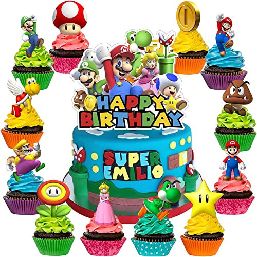 Tortendeko Cartoonanimation Cake Topper Animationsspiel Kuchendeko Geburtstag-1 Stück Kuchen Deko, 24 Stück Cupcake Deko, Geburtstagskuchen Deko für Kinder Jungen Mädche