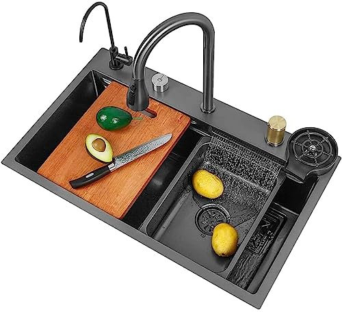 Lavello da Cucina A Vasca Singola Lavello A Cascata in Acciaio Inox Lavandino Tecnologico Cucina A Cascata Lavello Display Digitale con Rubinetto Estraibile (Color:Black-Grey, S:75x46cm)
