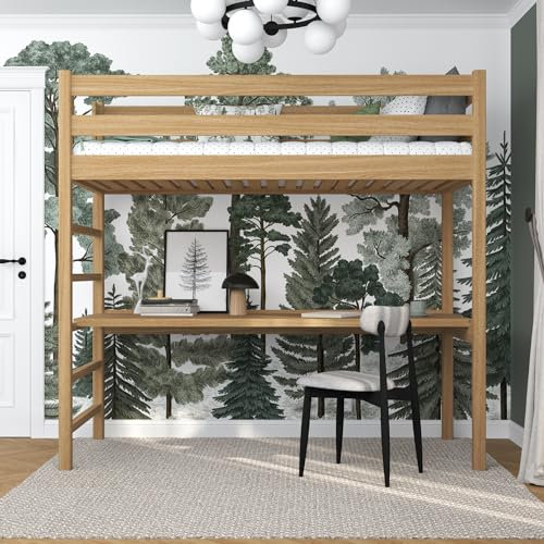 N-wood N01 Hochbett mit Schreibtisch, Etagenbett 80x190 cm, aus Eichenholz, 2 Leitermontageseiten, sichere abgerundete Kanten, Stabile Massivholzkonstruktion, inklusive Lattenrost, Natureiche