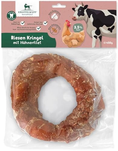 Knuffelwuff 2 x Riesen Kringel mit Hühnerfilet (ca. 225 g) | Natürlicher Snack für Starke Kaumuskeln und Zahnpflege | wiederverschliessbar | für große und kleine Hunde
