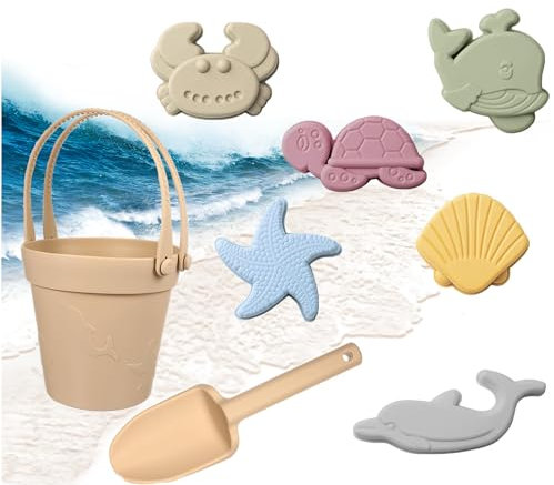ieron Lot de 6 jouets de plage en silicone pour garçons et filles, jouets de sable, seau et pelle – Ne se cassent pas comme les jouets de plage en plastique – Seau de plage pliable, pelle et