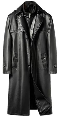 Haitpant Herren-Windmantel Aus Leder Im Mittleren Alter, Lang, Unterhalb Des Knies, Mit Fleece Gefüttert, Warme Lederjacke, Lässige Baggy-Outwear