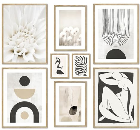 ARTFAVES® Poster Set - ABSTRACT BLACK ART - mehrteilige Wanddeko Wohnzimmer & Schlafzimmer - 8 moderne Wandbilder abstrakt, Kunst, Henri Matisse, schwarz-weiss, beige - mit Rahmen Eiche