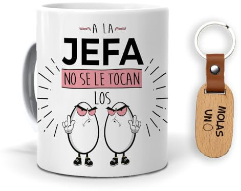 mundohuevo: Taza y llavero molas jefa. A la jefa no se le tocan los huevos. Llavero madera natural. Haz un regalo único