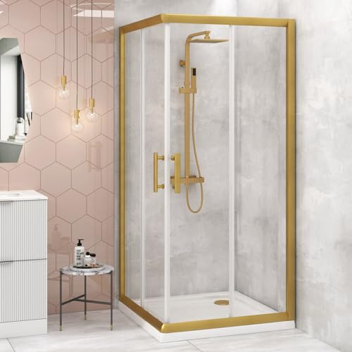 900 x 900mm Sliding Doors Corner Entry Shower Enclosure Brushed Gold 6mm Glass Screen Cubicles