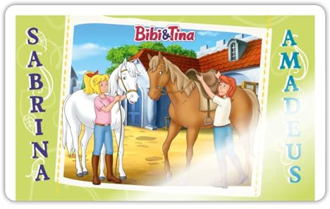 Spreadshirt Bibi und Tina mit Amadeus und Sabrina Sticker Aufkleber, 10 x 10 cm, Weiß glänzend